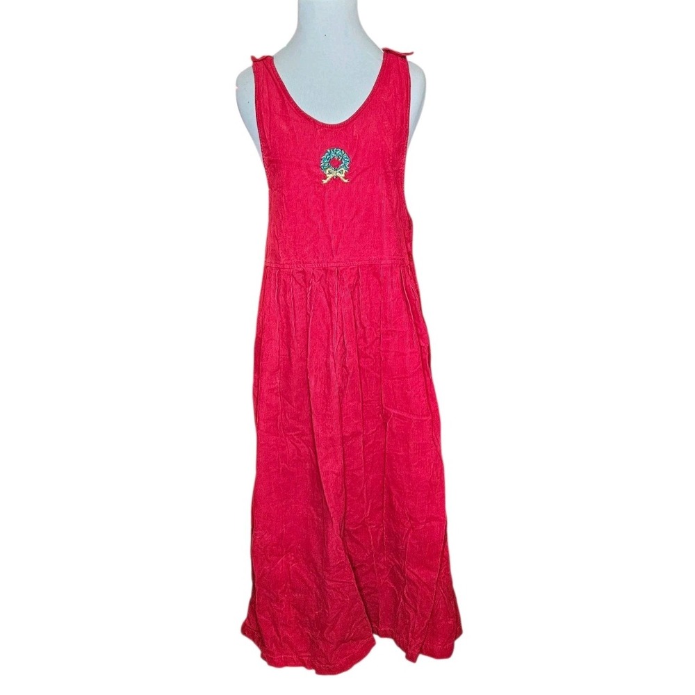 Laura Gayle Vintage Red‎ Corduroy Wreath Embroidered Jumper Dress Womens Small - Picture 2 of 8
